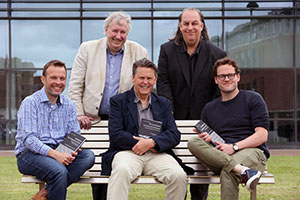 Civil society book series - editors and authors, sat on bench on Swansea Bay Campus - WISERD Annual Conference 2022