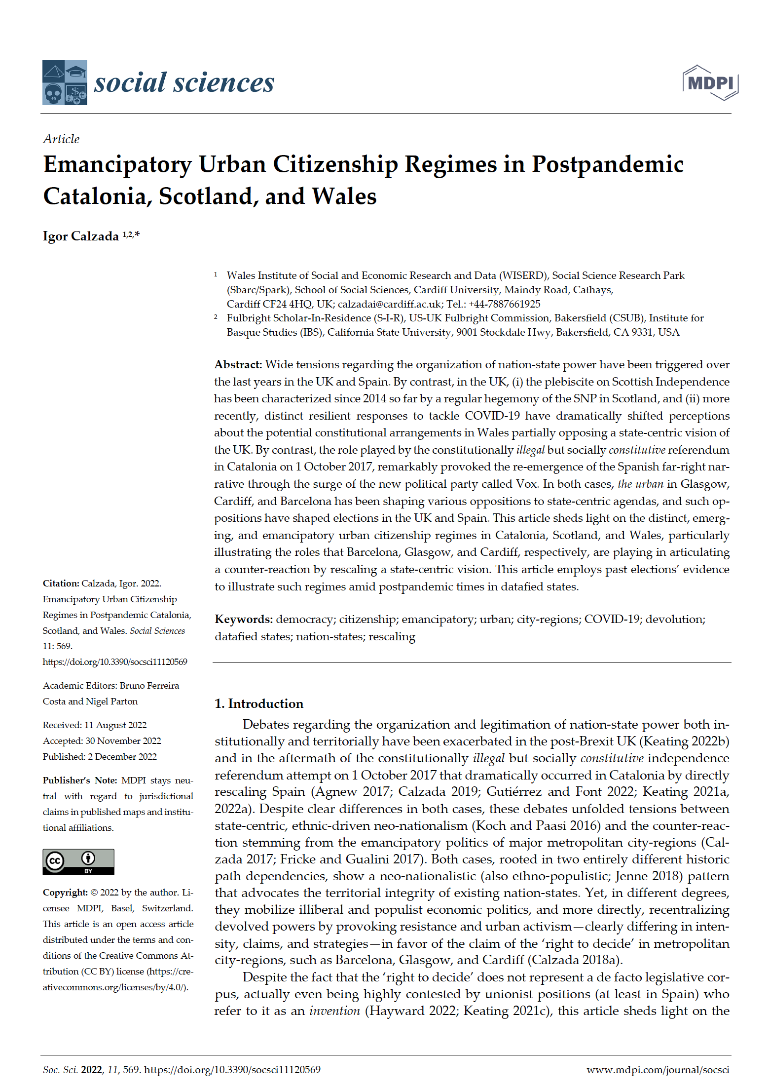 Emancipatory Urban Citizenship Regimes in Postpandemic Catalonia, Scotland, and Wales