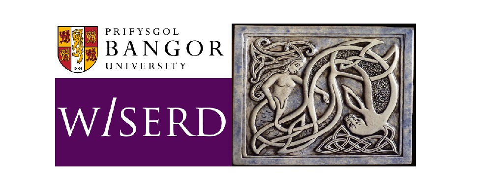 Bangor University logo, WISERD logo and two mythical creatures