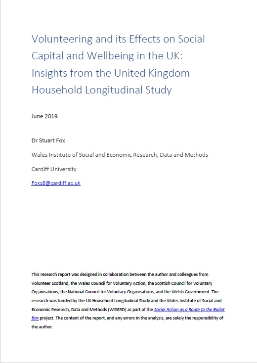 Front cover of report - Volunteering and its Effects on Social Capital and Wellbeing in the UK: Insights from the United Kingdom Household Longitudinal Study