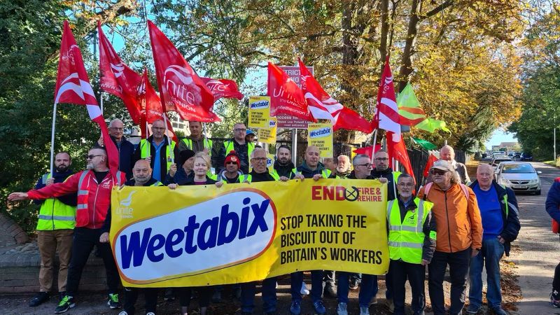 Sharon Graham on the picket line with Weetabix staff, 29 September 2021