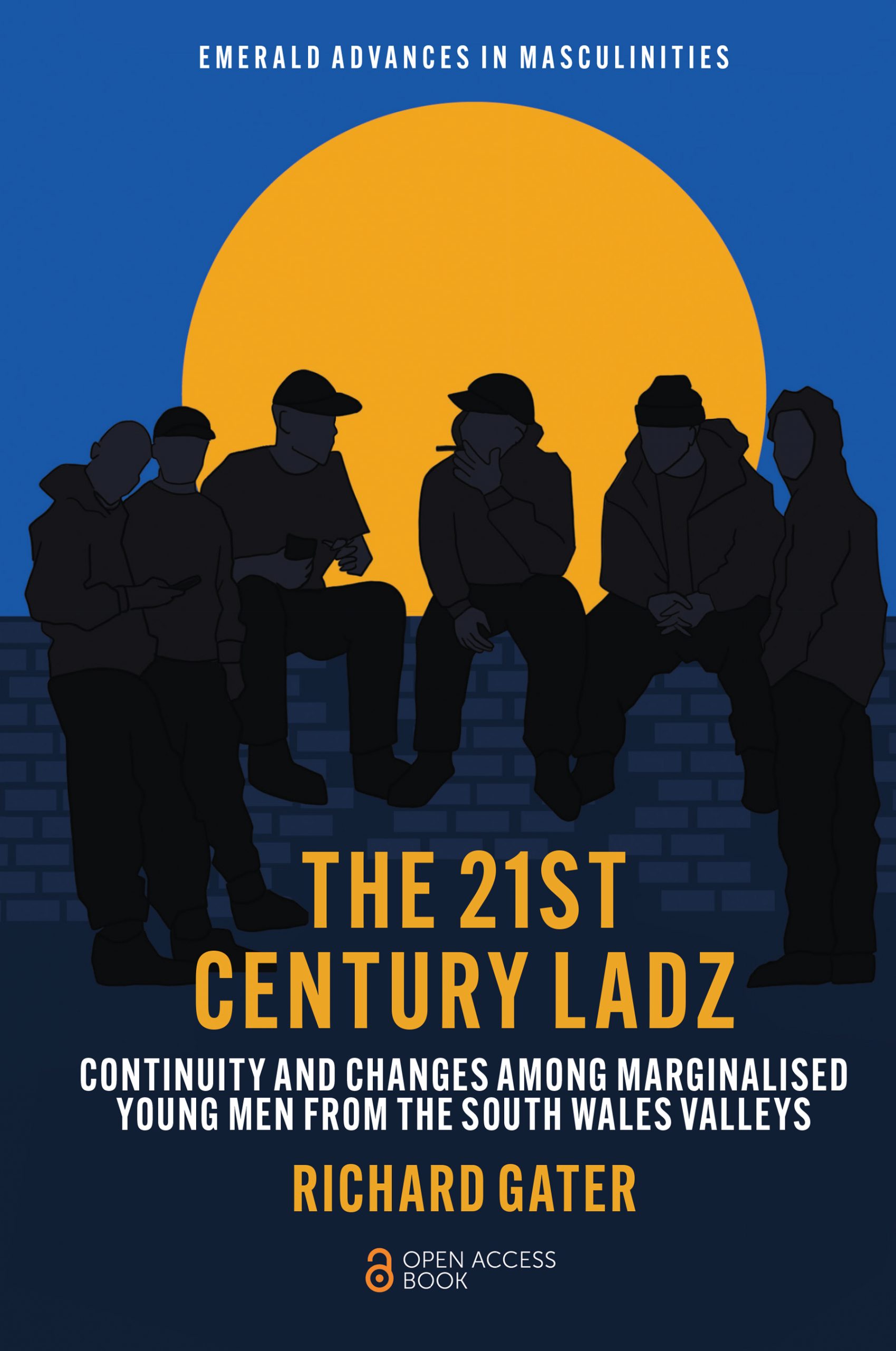 Book cover, with a silhouette of 6 young men sat on a wall. the man in the middle is smoking a cigarette. There is a large yellow sunset behind them