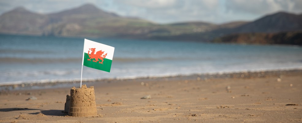 Welsh flag in a castle-shaped sandcastle on a beach with sea and hills in background.