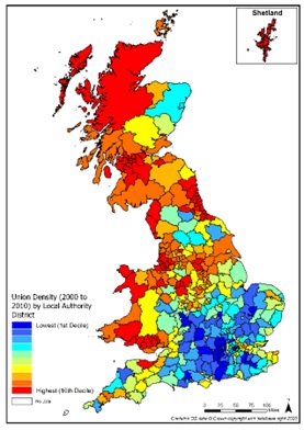 Map showing union density in Great Britain 2000-2010