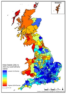 Map showing union density in Great Britain 2011-2021