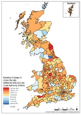 Map showing change in union density: 2000/10-2011/21 (absolute change%)