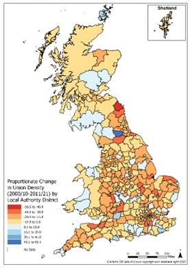 Map showing change in union density: 2000/10-2011/21 - proportionate change (%)