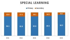 Bar graph showing frequency of “primary” and “secondary” needs by key stage identification - special learning