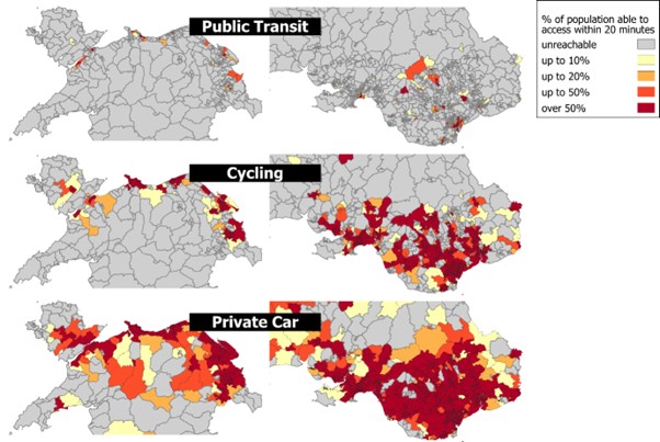 Figure 2: Comparisons of the proportion of lower super output area (LSOA) population identified as being able to reach a gym/fitness suite within 20 minutes’ travel via alternative transport modes. 