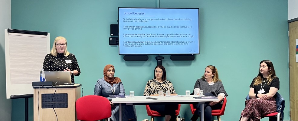 Excluded Lives session at WISERD Annual Conference 2024. Left to right: Jemma Bridgeman, Amira Assami, Emma Gooding, Ceri Reed, Jami Abramson.