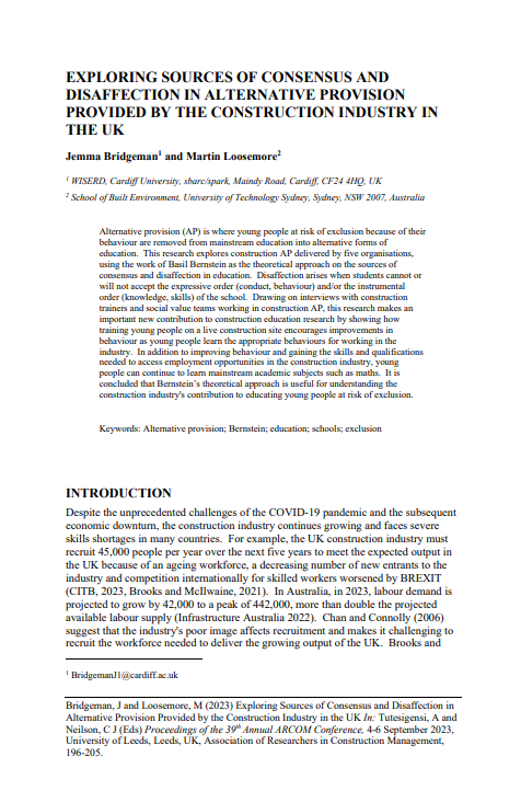 The front page of the conference paper: Exploring sources of consensus and disaffection in alternative provision provided by the construction industry in the UK by Jemma Bridgeman and Martin Loosemore