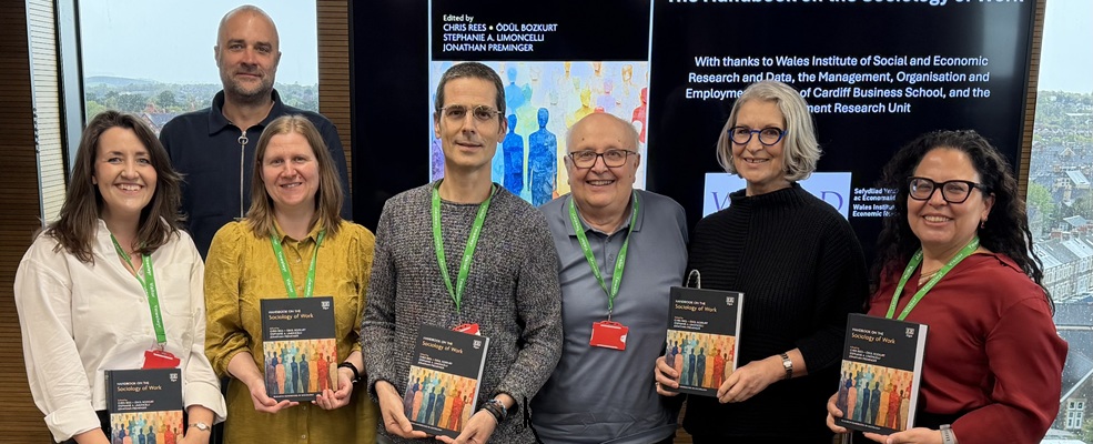 Group photograph taken at book launch for Handbook on the Sociology of Work. Pictured (left to right): Dr. Cara Reed (chapter author), Prof. Marco Hauptmeier, Dr. Rachel Wilde (chapter author), Dr. Jonathan Preminger (editor), Prof. Mike Reed (reviewer), Emerita Prof. Jean Jenkins (chapter author), Prof. Ödül Bozkurt (editor).
