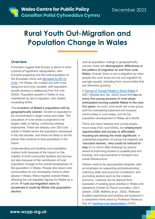 Rural Youth Out-Migration and Population change in Wales cover