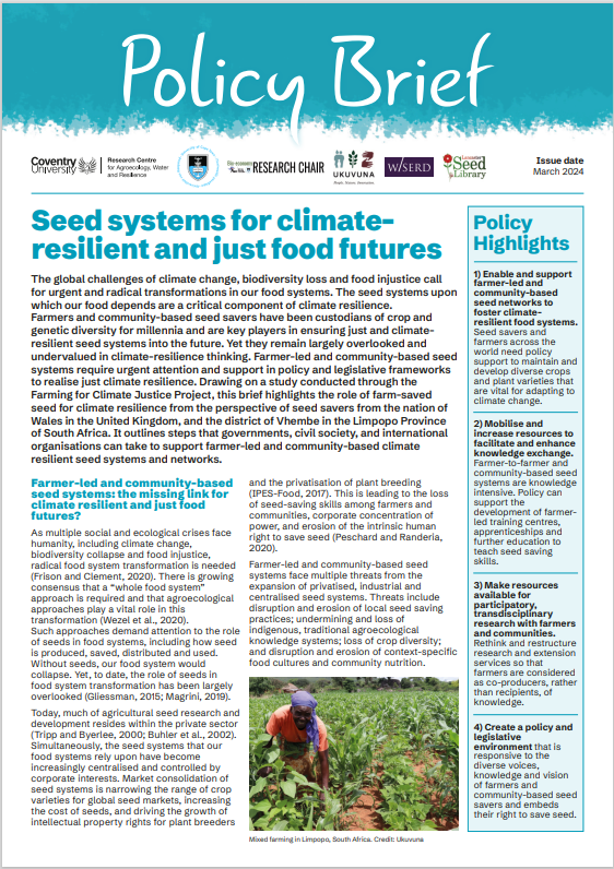 A poster of seed systems for climate resilient and just food futures report