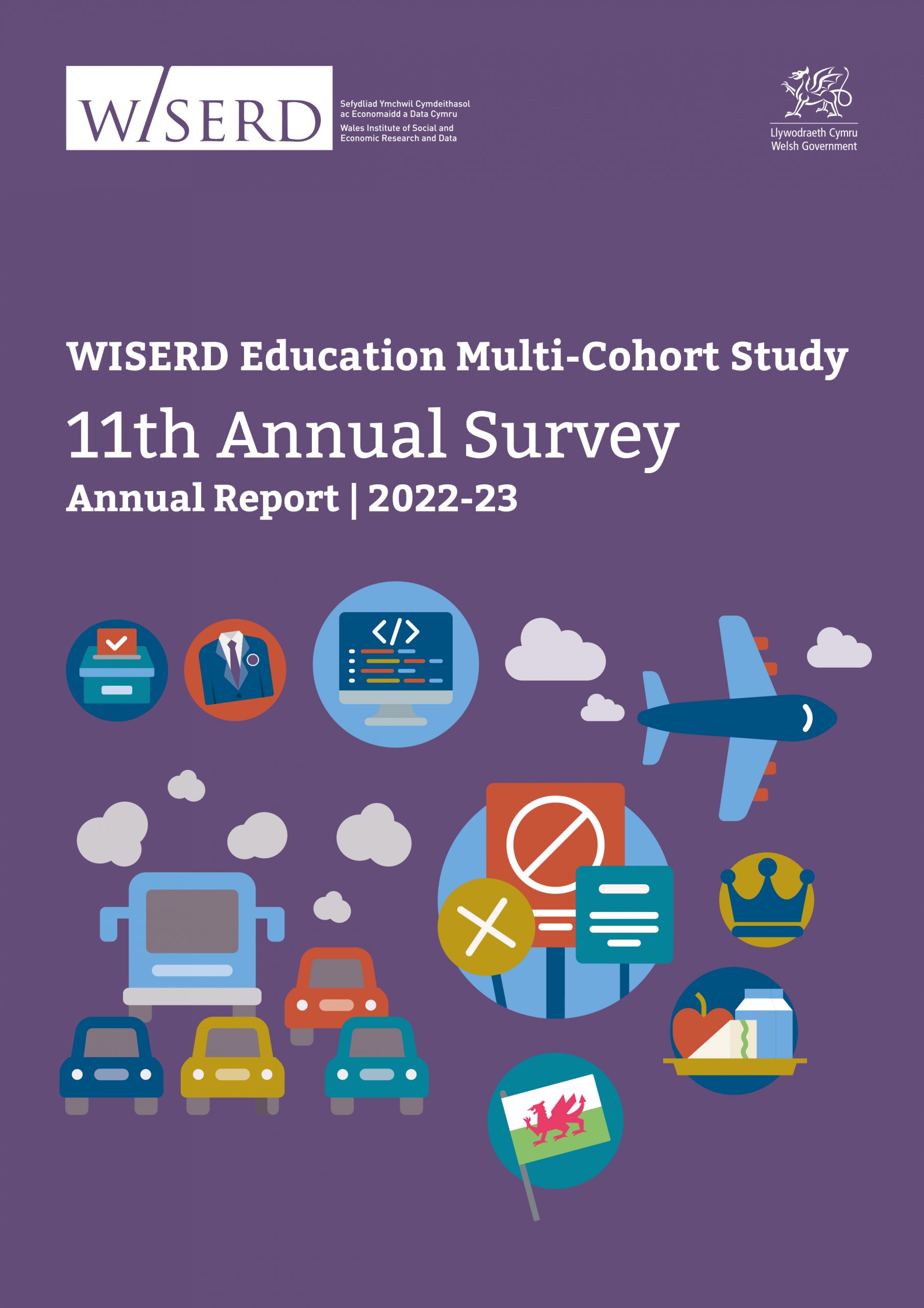 WMCS Annual Report 2022-23 front cover - purple with colourful illustration showing transport, school uniform, ballot box, Welsh flag and more.