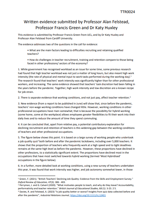 First page of the Written evidence given to the House of Commons Education Committee’s Inquiry into teacher, recruitment, training, and retention