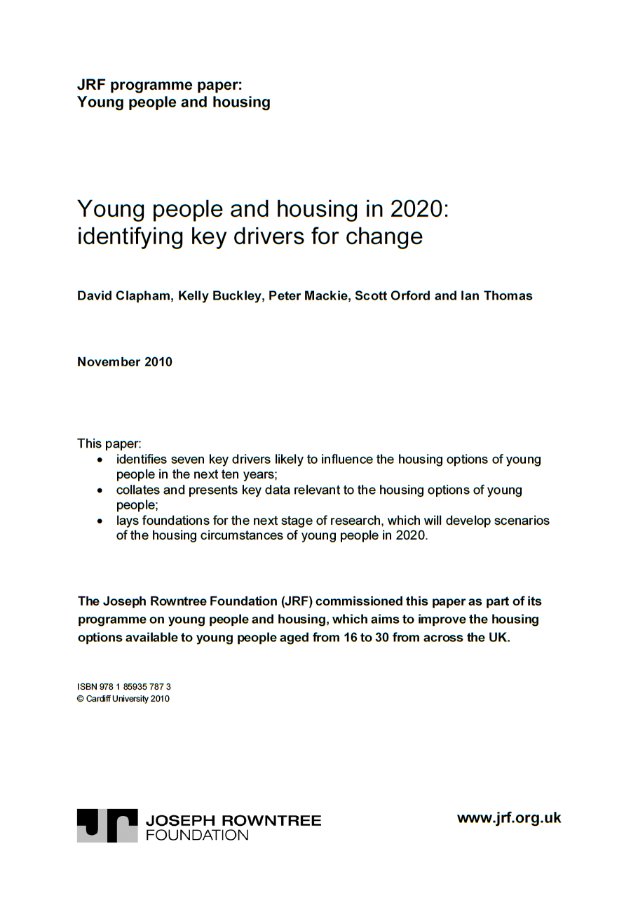Young people and housing in 2020 - identifying key drivers for change cover