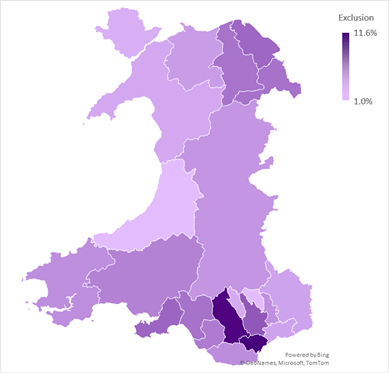 Map showing rates of pupils per school in each local education authority