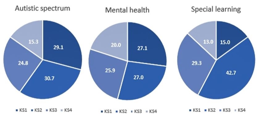 Figure 2. First identification of different types of needs (proportion of types of need in graded colour from darker blue for Key Stage 1 to lighter for Key Stage 4)