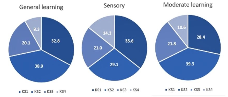 Figure 2. First identification of different types of needs (proportion of types of need in graded colour from darker blue for Key Stage 1 to lighter for Key Stage 4)