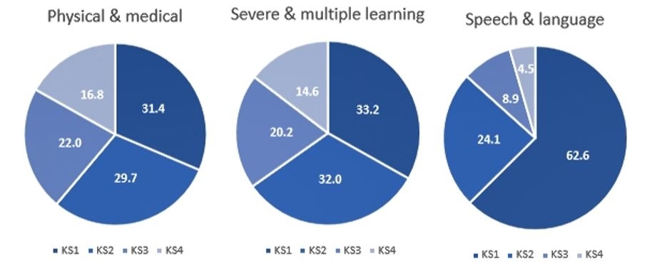 Figure 2. First identification of different types of needs (proportion of types of need in graded colour from darker blue for Key Stage 1 to lighter for Key Stage 4)