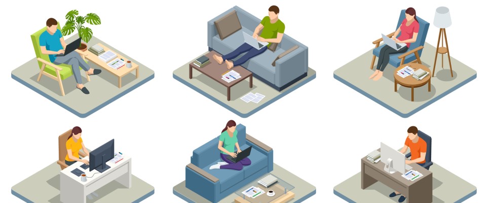 Illustration of people working in different locations, at desk, on sofa, etc.