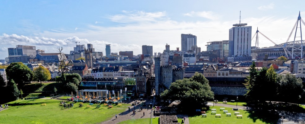 View of Cardiff skyline over the castle grounds.