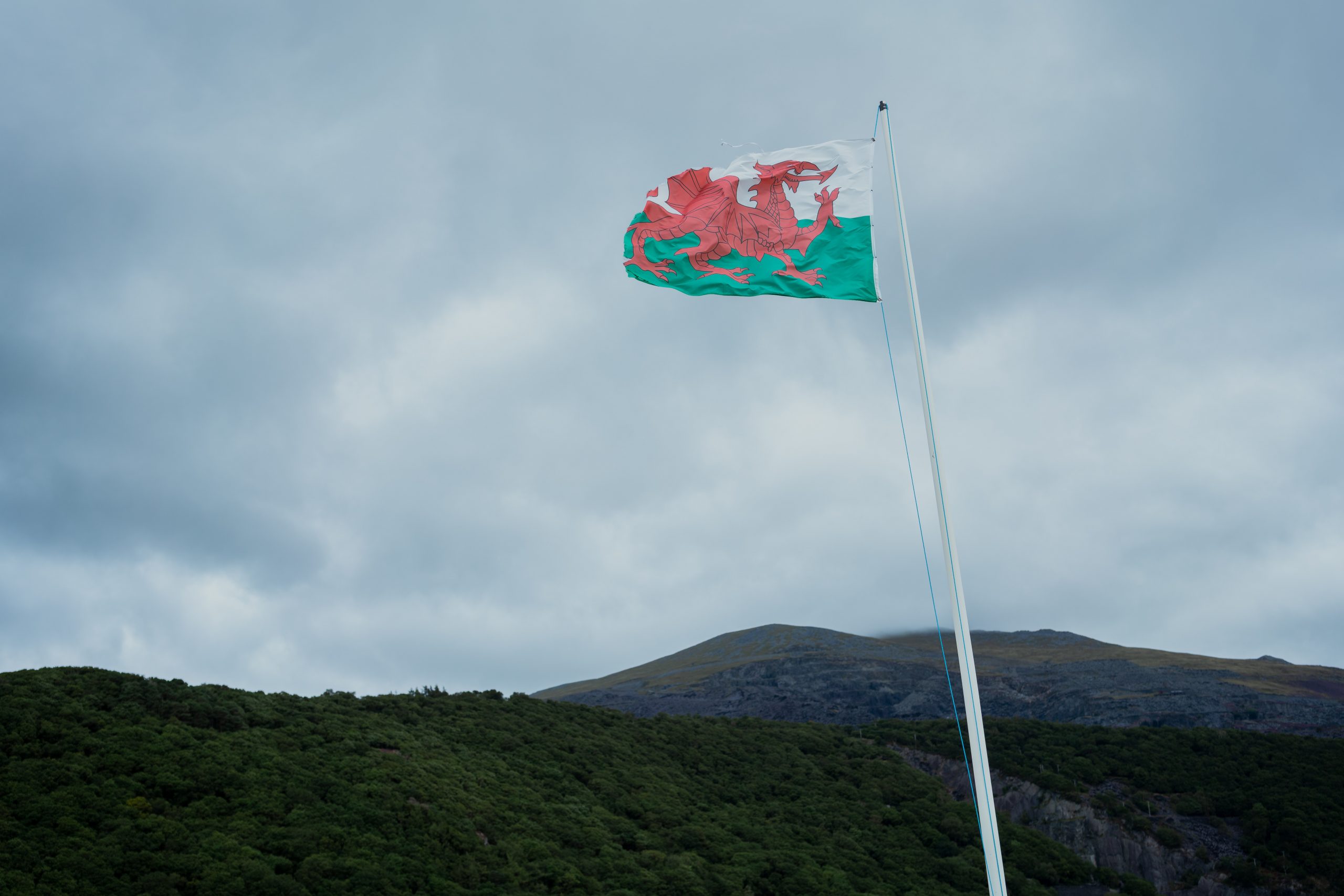 The Welsh flag under a gloomy sky
