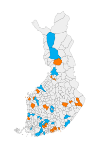 A colour-coded map of Finland showing if/when each munipality gained child-friendly status