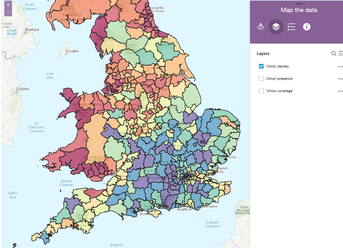 Sample from UnionMaps of varying levels of density in England and Wales